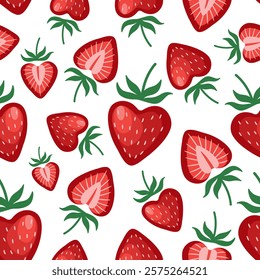 Seamless pattern with strawberry hearts on a white background. Bright red heart shaped strawberries background. Cute colorful vector pattern for a wrapping paper, textile print, wallpaper