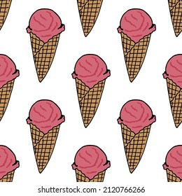 Seamless pattern with strawberry ice cream on white background. Vector image. 