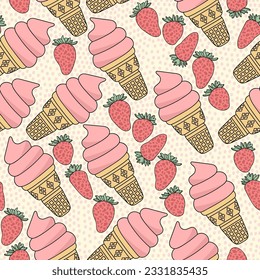 Seamless pattern with strawberry ice cream - hand drawn vector illustration. Flat color design.