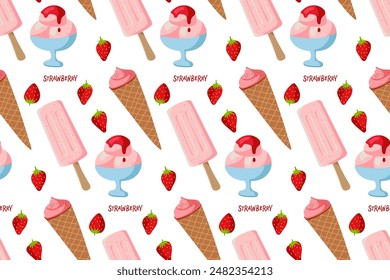 Patrón sin fisuras con helado de fresa. Varios tipos de postre de comida dulce con fresas. Deliciosos postres de fondo para Fondo de pantalla, textil, papel de envolver. Diseño plano repetido para el menú.