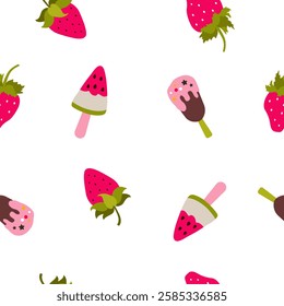 Seamless pattern with strawberry and ice cream. Vector illustration on a white background