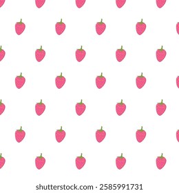 Seamless pattern with strawberry icon on white background. For fabric design, packaging, wrapping paper, background, wallpaper. Healthy eating element. Vector graphics