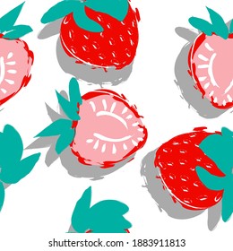 Seamless pattern with strawberry isolated on white. Vector modern stock Illustration of the exotic summer fruits. For gift wrapping, textile, wallpaper, scrubbing, web page lights, fill