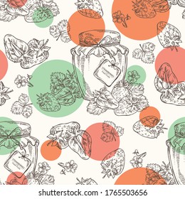 Seamless pattern with strawberry and jar of jam with strawberry. Vector hand drawn illustration