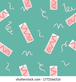 Seamless pattern with strawberry juice on green background. Fresh drink vector illustration