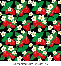 Seamless pattern with strawberry leaves and flowers on a black background
