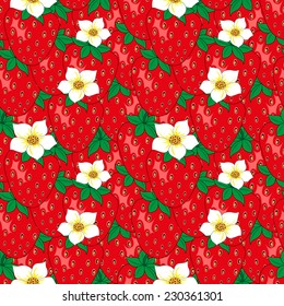 Seamless pattern with strawberry leaves and flowers