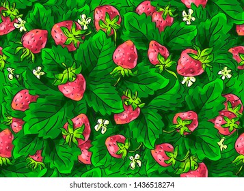 Seamless pattern with strawberry and leaves, garden with strawberries, textile pattern