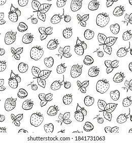 Seamless pattern with Strawberry and leaves. Graphic hand drawn engraving style. Doodle illustration for packaging, menu cards, posters, prints.