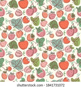 Seamless pattern with Strawberry and leaves. Graphic hand drawn flat style. Doodle illustration for packaging, menu cards, posters, prints.