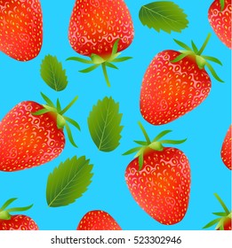 Seamless pattern with with strawberry and leaves on blue background. Vector illustration