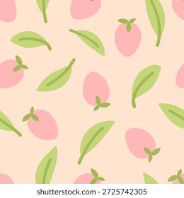 Patrón sin fisuras de fresa y hojas con fondo rosa. las frutas son Pequeñas y verdes y las hojas también son verdes. La escena es alegre y juguetona