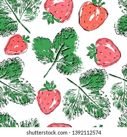 Seamless pattern of strawberry and strawberry leaves, stamp of leaves. Vector illustration on white background.