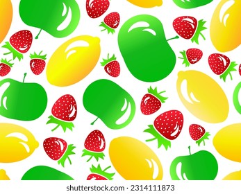 Patrón sin foco con fresa, limón y manzana en estilo 3d. Frutos con reflejo claro: limón, manzana, fresa. Diseño para impresión en papel y telas y carteles. Ilustración del vector