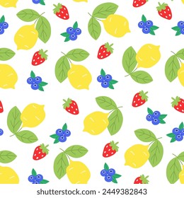 Seamless pattern with a strawberry, lemon, blueberry
