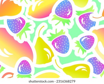 Seamless pattern with strawberry, lemon and pear. Summer fruit and berry mix of pear, lemon and strawberry with stroke in 3d style. Design for print, fabric and poster. vector illustration