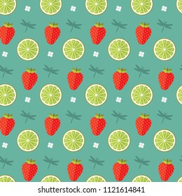 seamless pattern strawberry lime fruit food dragonfly flower on green background vector wallpaper textile giftwrap