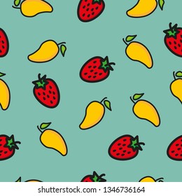 seamless pattern strawberry and mango. strawberry and mango patterm background. for display wallpaper, fabric, textile, cloth design and hand drawn