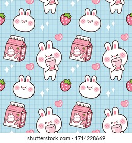 Seamless pattern strawberry milk box and rabbit blue background Cute cartoon hand drawn Kawaii style Animal doodle Image for card poster banner wallpaper children wear Vector Illustration 