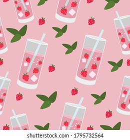 Seamless pattern with strawberry milkshake. Pattern with a strawberry cocktail glass and a straw on a pink background