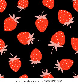 Seamless pattern with strawberry on black background. Hand drawn vector illustration. Texture for print, textile, packaging.