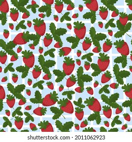 Seamless pattern with strawberry on a checkered tablecloth. Summer time. Vector illustration
