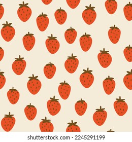 Seamless pattern with strawberry on color background. Natural delicious fresh ripe tasty fruit. Vector illustration for print, fabric, textile, banner, other design. Food concept