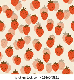 Patrón sin inconvenientes con fresa sobre fondo de color. Sabrosa fruta fresca fresca y fresca. Ilustración vectorial para impresión, tela, textil, banner, otro diseño. Concepto de alimentación