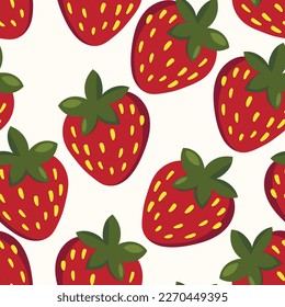 Patrón sin inconvenientes con fresa sobre fondo de color. Sabrosa fruta fresca fresca y fresca. Ilustración vectorial para impresión, tela, textil, banner, otro diseño. Concepto de alimentación