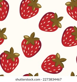Seamless pattern with strawberry on color background. Natural delicious fresh ripe tasty fruit. Vector illustration for print, fabric, textile, banner, other design. Food concept