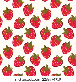 Seamless pattern with strawberry on color background. Natural delicious fresh ripe tasty fruit. Vector illustration for print, fabric, textile, banner, other design. Food concept
