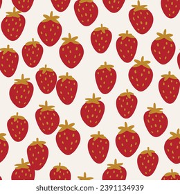 Seamless pattern with strawberry on color background. Natural delicious fresh ripe tasty fruit. Vector illustration for print, fabric, textile, banner, other design. Food concept