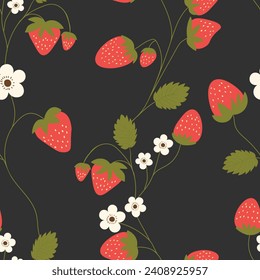 Seamless pattern with strawberry on color background. Natural delicious fresh ripe tasty fruit. Vector illustration for print, fabric, textile, banner, other design. Food concept