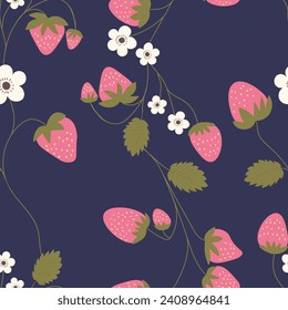 Seamless pattern with strawberry on color background. Natural delicious fresh ripe tasty fruit. Vector illustration for print, fabric, textile, banner, other design. Food concept