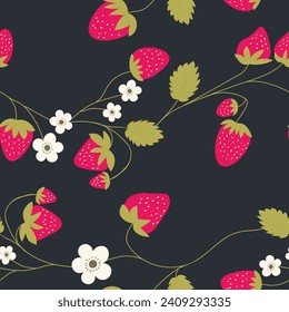 Seamless pattern with strawberry on color background. Natural delicious fresh ripe tasty fruit. Vector illustration for print, fabric, textile, banner, other design. Food concept