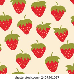 Seamless pattern with strawberry on color background. Natural delicious fresh ripe tasty fruit. Vector illustration for print, fabric, textile, banner, other design. Food concept