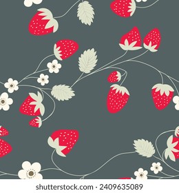 Seamless pattern with strawberry on color background. Natural delicious fresh ripe tasty fruit. Vector illustration for print, fabric, textile, banner, other design. Food concept