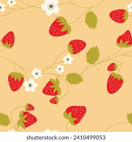 Seamless pattern with strawberry on color background. Natural delicious fresh ripe tasty fruit. Vector illustration for print, fabric, textile, banner, other design. Food concept
