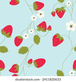 Seamless pattern with strawberry on color background. Natural delicious fresh ripe tasty fruit. Vector illustration for print, fabric, textile, banner, other design. Food concept
