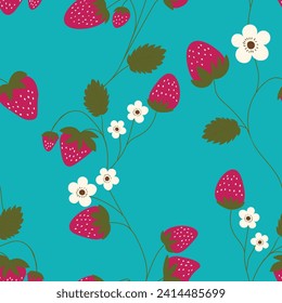 Seamless pattern with strawberry on color background. Natural delicious fresh ripe tasty fruit. Vector illustration for print, fabric, textile, banner, other design. Food concept
