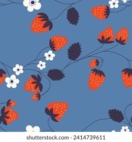 Seamless pattern with strawberry on color background. Natural delicious fresh ripe tasty fruit. Vector illustration for print, fabric, textile, banner, other design. Food concept