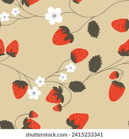 Seamless pattern with strawberry on color background. Natural delicious fresh ripe tasty fruit. Vector illustration for print, fabric, textile, banner, other design. Food concept