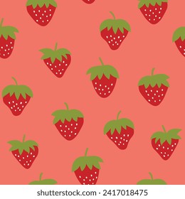 Seamless pattern with strawberry on color background. Natural delicious fresh ripe tasty fruit. Vector illustration for print, fabric, textile, banner, other design. Food concept