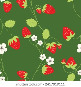 Seamless pattern with strawberry on color background. Natural delicious fresh ripe tasty fruit. Vector illustration for print, fabric, textile, banner, other design. Food concept