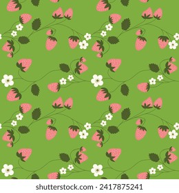 Seamless pattern with strawberry on color background. Natural delicious fresh ripe tasty fruit. Vector illustration for print, fabric, textile, banner, other design. Food concept