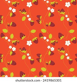 Seamless pattern with strawberry on color background. Natural delicious fresh ripe tasty fruit. Vector illustration for print, fabric, textile, banner, other design. Food concept