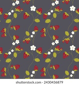 Seamless pattern with strawberry on color background. Natural delicious fresh ripe tasty fruit. Vector illustration for print, fabric, textile, banner, other design. Food concept