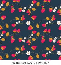 Seamless pattern with strawberry on color background. Natural delicious fresh ripe tasty fruit. Vector illustration for print, fabric, textile, banner, other design. Food concept