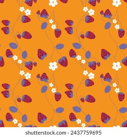 Seamless pattern with strawberry on color background. Natural delicious fresh ripe tasty fruit. Vector illustration for print, fabric, textile, banner, other design. Food concept