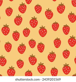 Seamless pattern with strawberry on color background. Natural delicious fresh ripe tasty fruit. Vector illustration for print, fabric, textile, banner, other design. Food concept